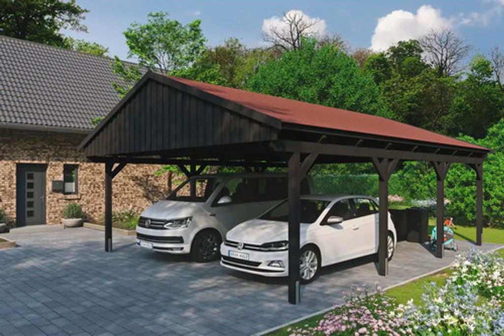 Doppelcarport SKAN HOLZ Fichtelberg inkl. Pfostenanker, rote Dachschindeln 618 x 808 cm anthrazit