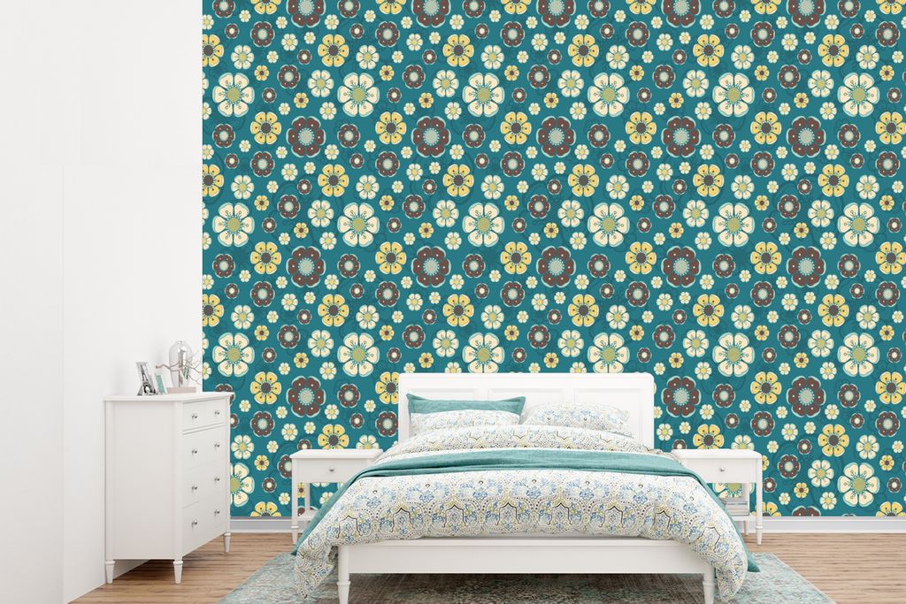 MuchoWow Fototapete für Wohnzimmer oder Schlafzimmer Wandtapete Vinyl Motivtapete Retro - Blumen - Muster - Blau - 305x220 cm - Wandbilder