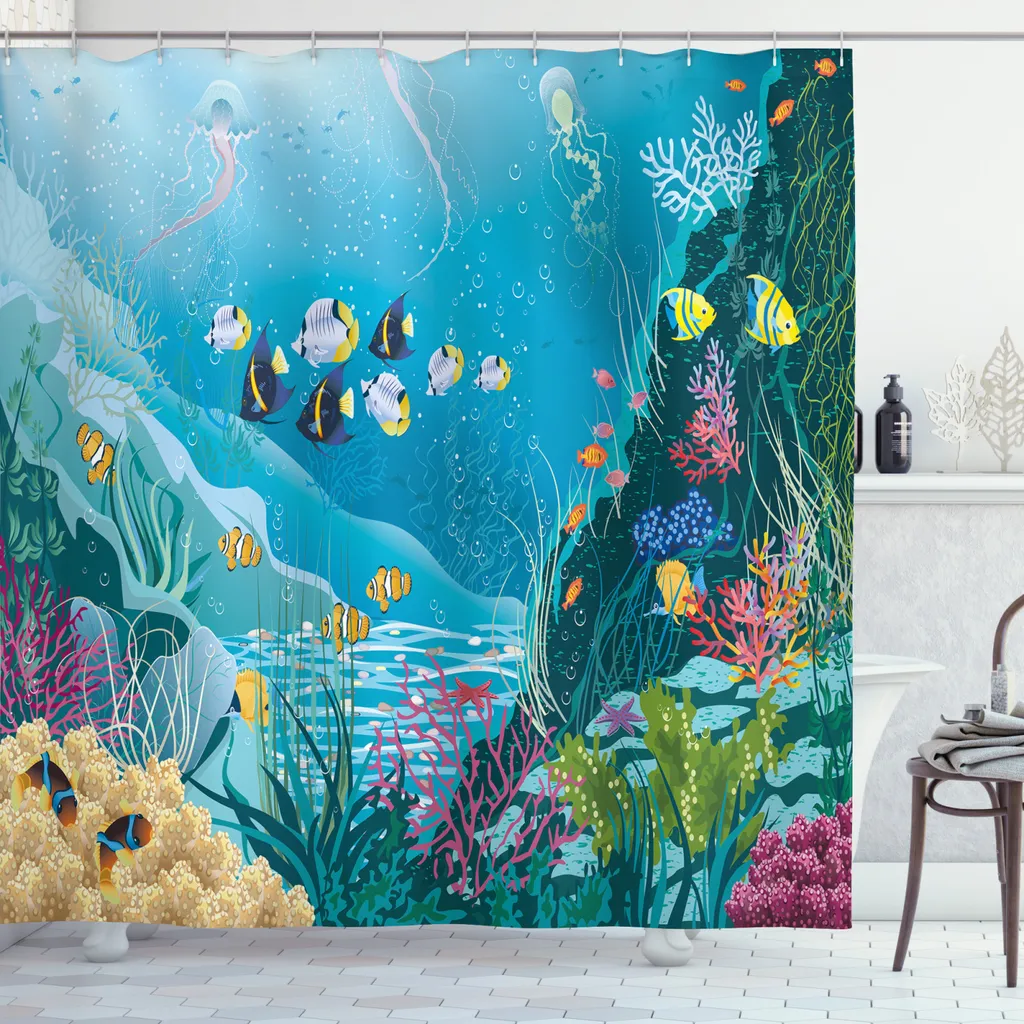 ABAKUHAUS Tenda da doccia con motivo a pesci, paesaggio sottomarino, resistente a batteri e muffe, incl. 12 ganci Lavabile Elegante stampa digitale, 175 x 180 cm, multicolore