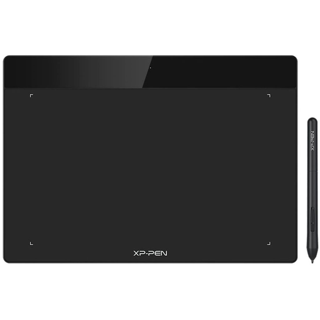 A black graphic tablet and stylus are shown against a white background.