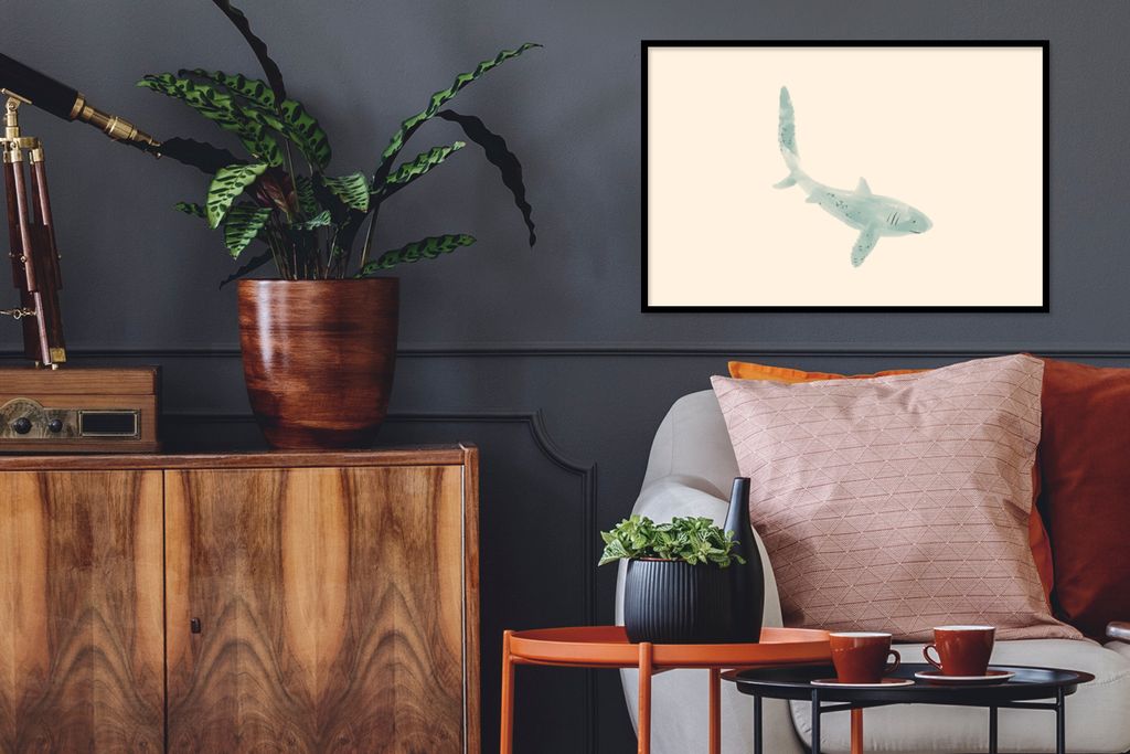 MuchoWow MuchoWow Gerahmtes Poster Fisch - Meer - Grau - Aquarell 60x40 cm - Poster mit zchwarzem Bilderrahmen - Printing - Wanddeko Schlafzimmer
