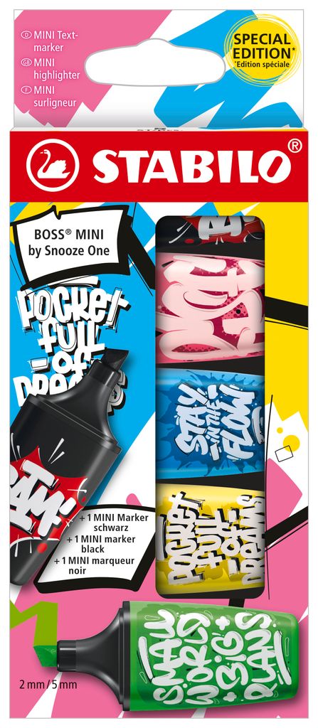 STABILO Textmarker & Marker - BOSS MINI by Snooze One - 5er Pack - pink, blau, gelb, grün & schwarz