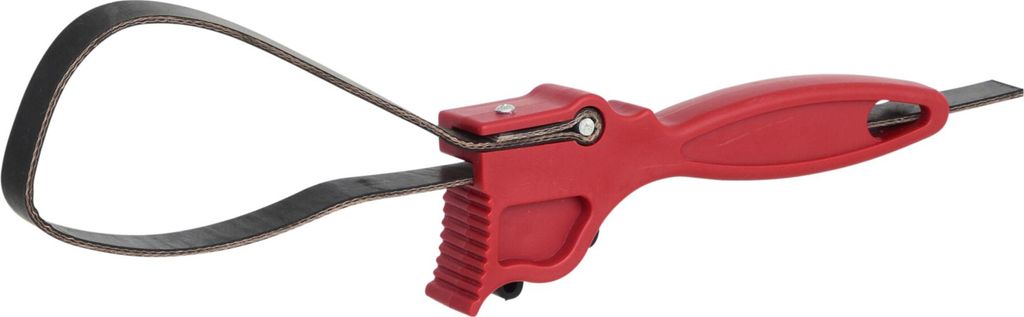 A tool with a red handle and a black metal band.