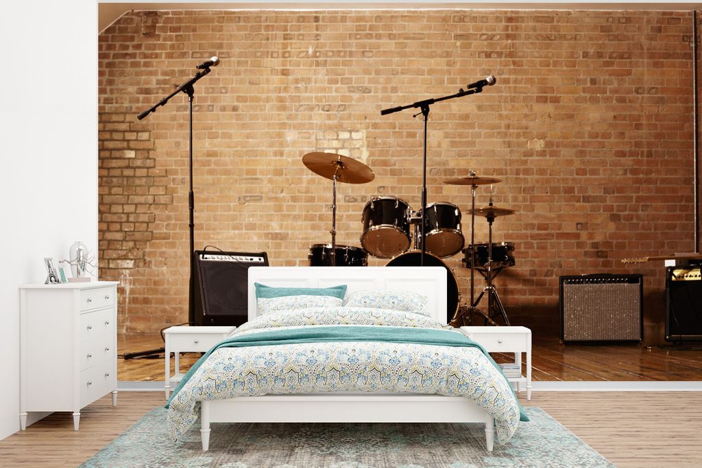 MuchoWow Fototapete für Wohnzimmer oder Schlafzimmer Wandtapete Vinyl Motivtapete Komplettes Schlagzeug auf der Bühne - 350x260 cm - Wohnzimmer...