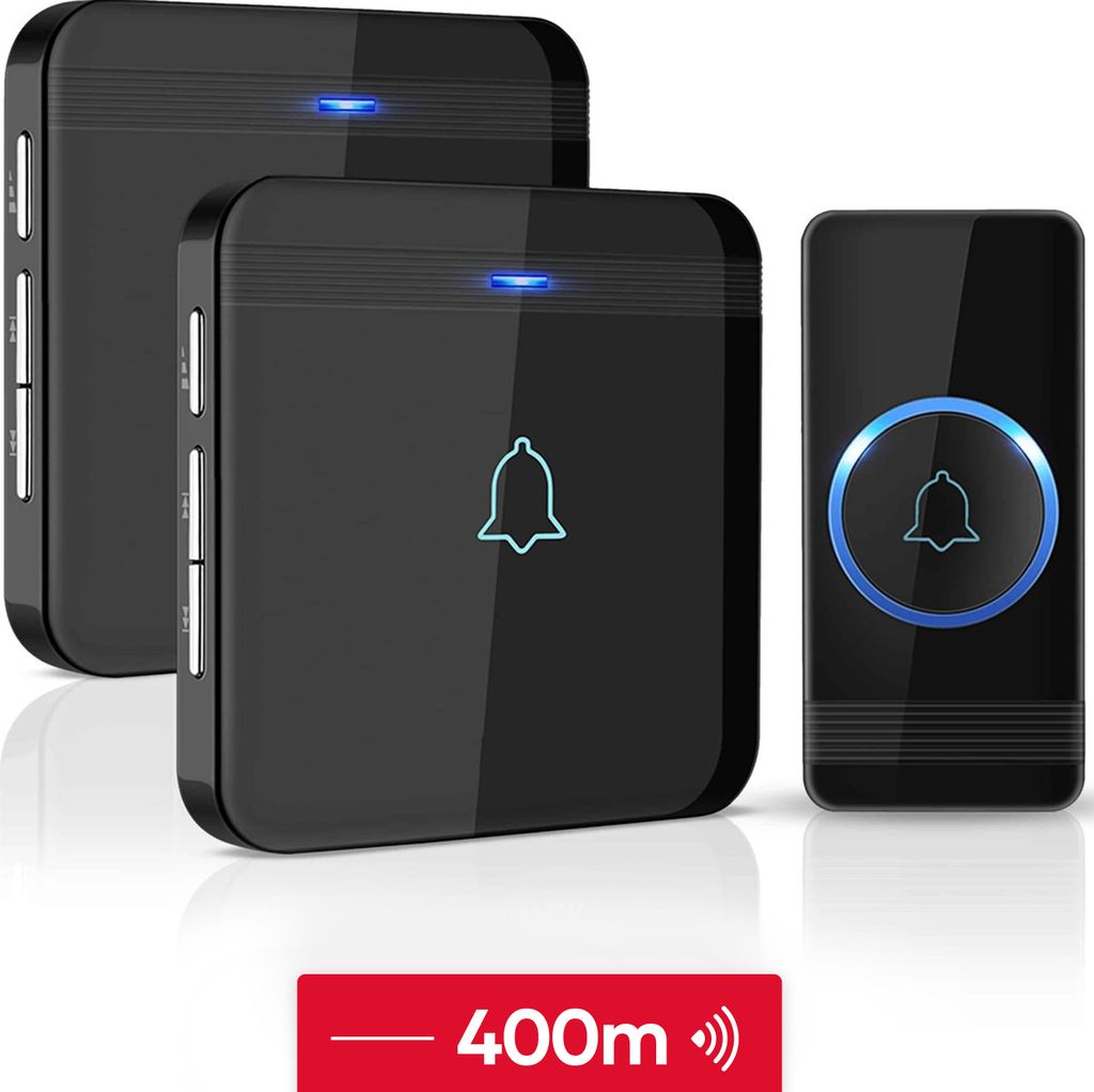 SAVS Funk-Türklingel mit 2 Empfängern - Schwarz - Reichweite 400 Meter - Wasserdicht - Batteriefrei - 52 Melodien
