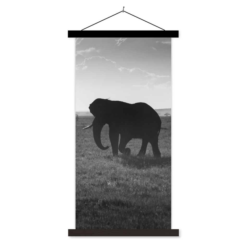 MuchoWow Textilposter Elefant - Einfarbig - Tiere - Schwarz und weiß 90x180 cm mit schwarzem Rahmen - Dekoration Wohnzimmer