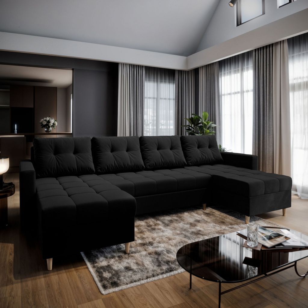Masseno Ecksofa MILO U mit Schlaffunktion U-Form, Sofa mit Bettkasten, Wohnzimmersofa, Couch, Soffa, Bettsofa, Couchgarnitur- Schwarz, KRONOS 07