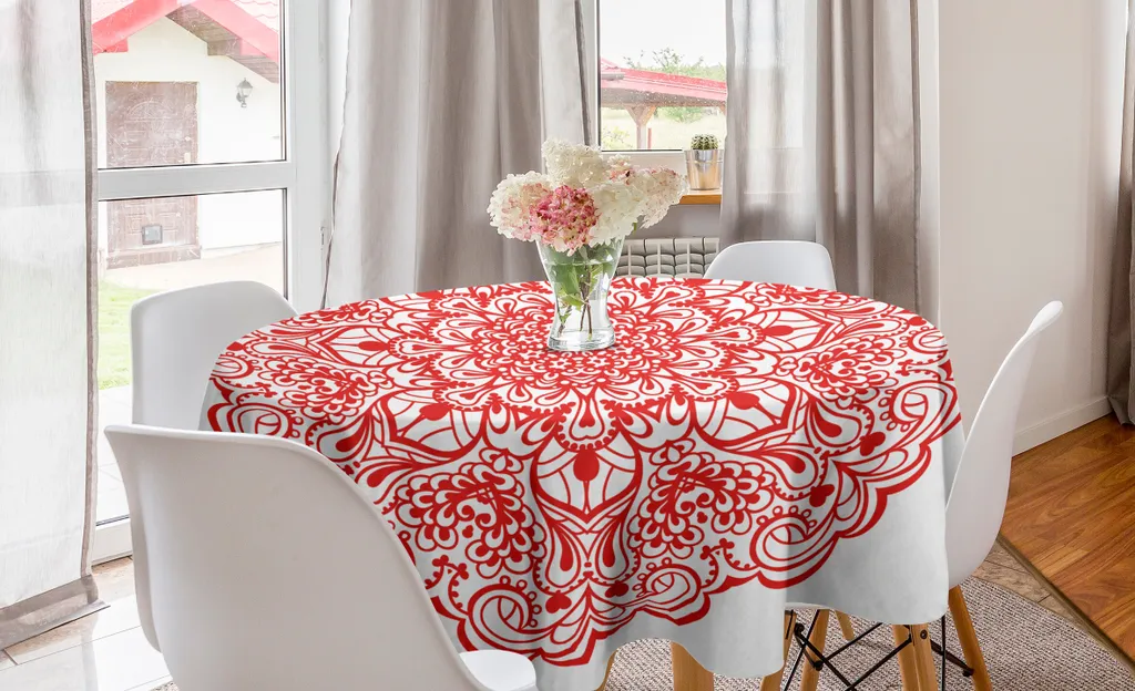 ABAKUHAUS Tovaglia rotonda Red Mandala, Prosperità, Tovaglia circolare per sala da pranzo, decorazione cucina, 150 cm, arancione