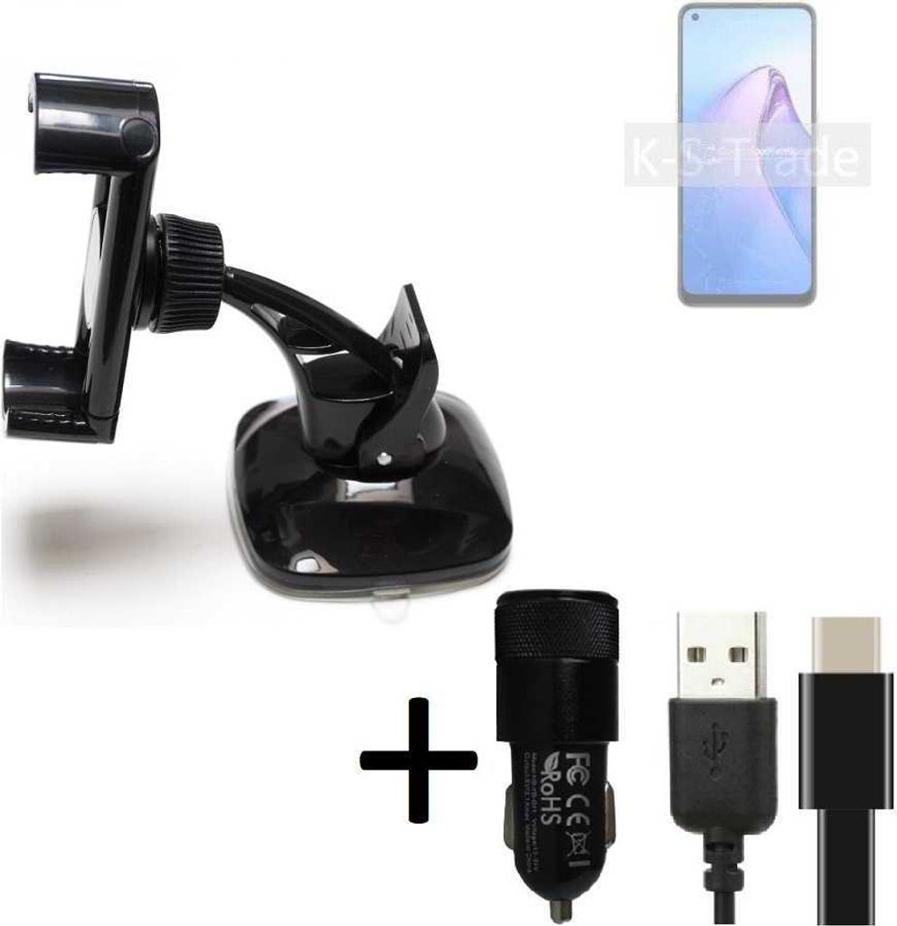 K-S-Trade Handy-Halterung kompatibel mit Oppo Reno8 Global Windschutzscheibe / Armaturenbrett + LADEGERÄT mit Mico USB Kabel Autohalterung