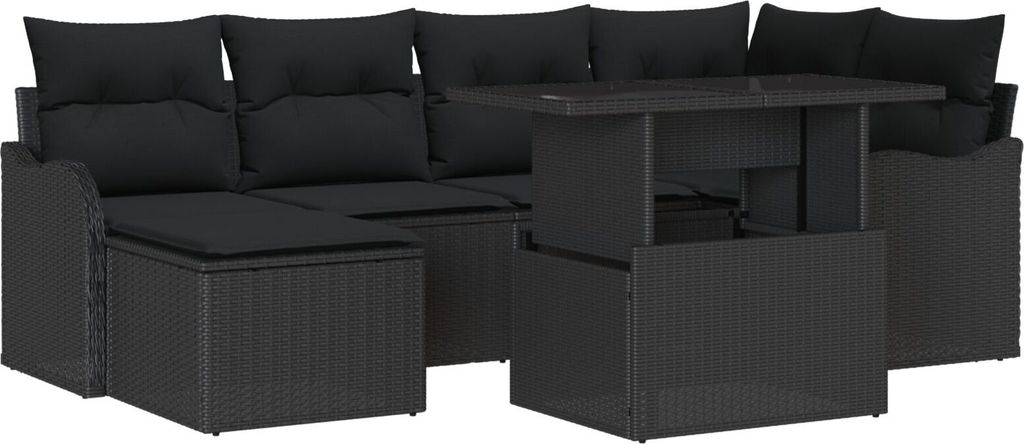 Möbel 7-teiliger Garten-Sofa-Set mit Kissen Schwarz Poly-Rattan, 2-Sitzer Garten-Sofa mit Kissen Schwarz Poly-Rattan - Gartensofas 3348499