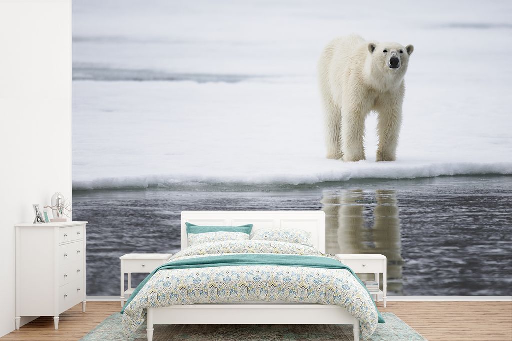 MuchoWow Fototapete für Wohnzimmer oder Schlafzimmer Wandtapete Vinyl Motivtapete Eisbär - Wasser - Schnee - 420x280 cm - Zimmer für Kinder
