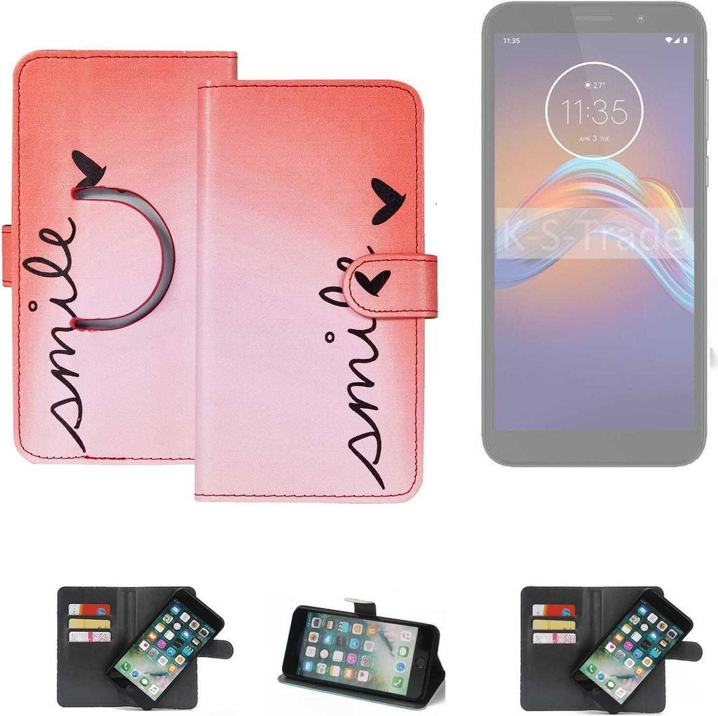 K-S-Trade Schutzhülle Handyhülle kompatibel mit Motorola Moto E6 Play Hülle cover bookstyle Etui ''smile'' rot Standfunktion Kameraschutz (1Stk)