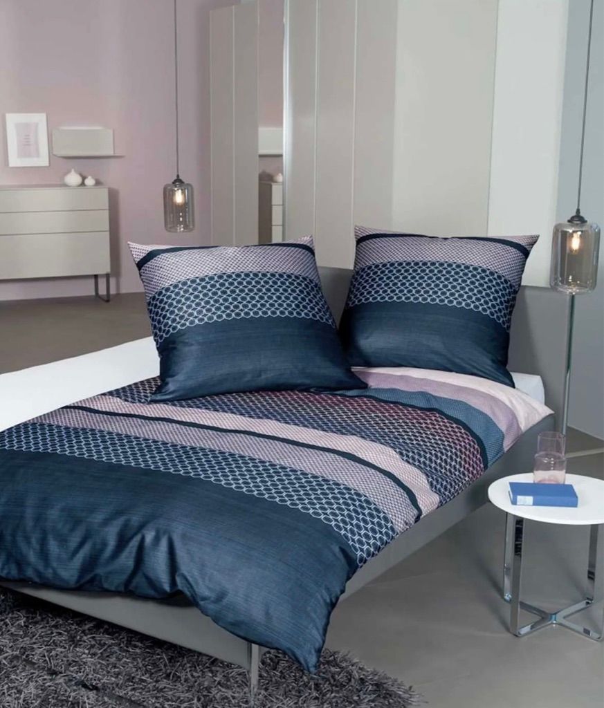Janine Mako Satin 2 teilig Bettbezug 155 x 220 cm Kopfkissenbezug 80 x 80 cm Moments 98061-02 nachtschattenblau korallrosa