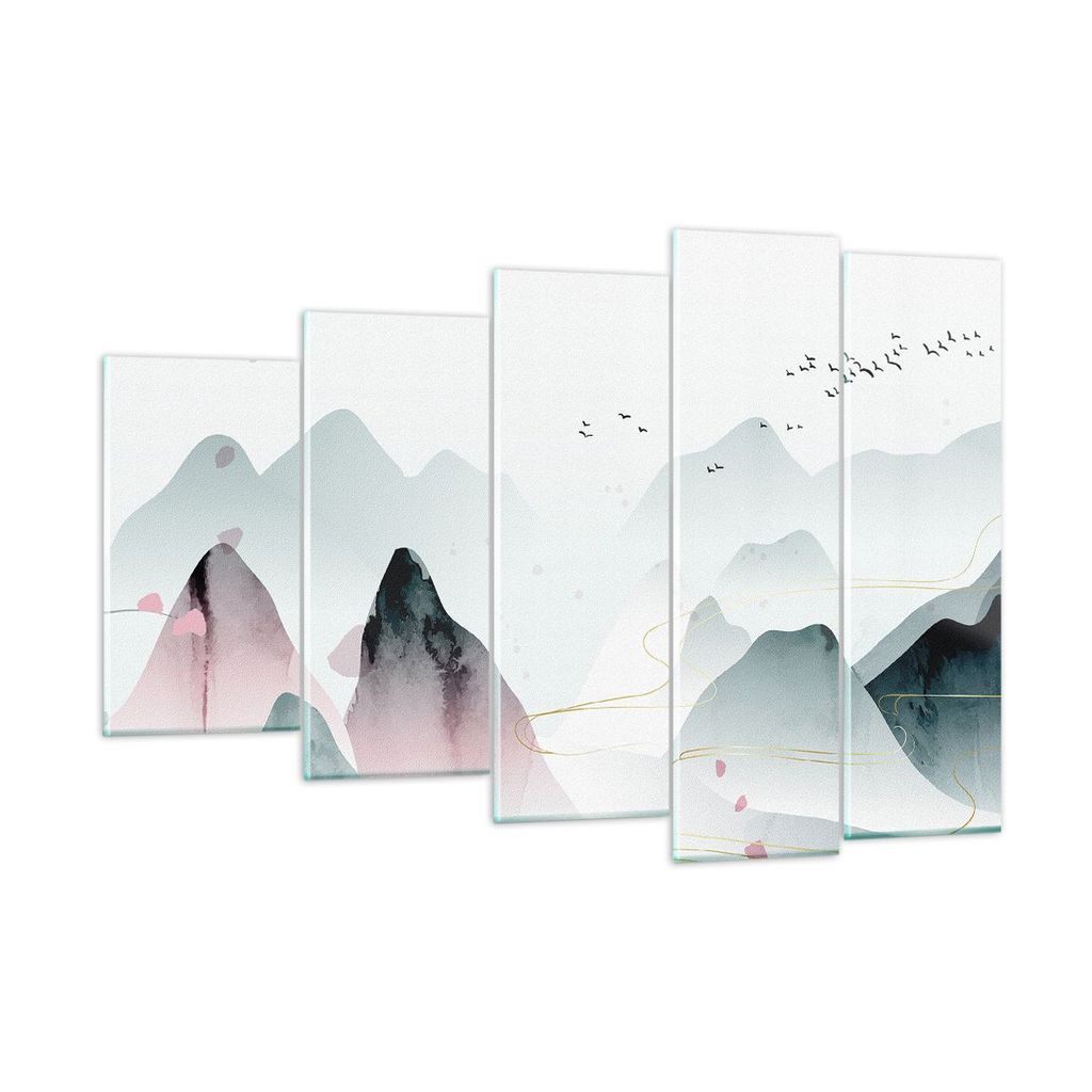 Bilder auf glas - 5 Teile - Berge Vögel Modern - 150x100cm - Glasbilder - Wandbilder - Bilder - zum Aufhängen bereit - Wanddekoration aus Glas - ...