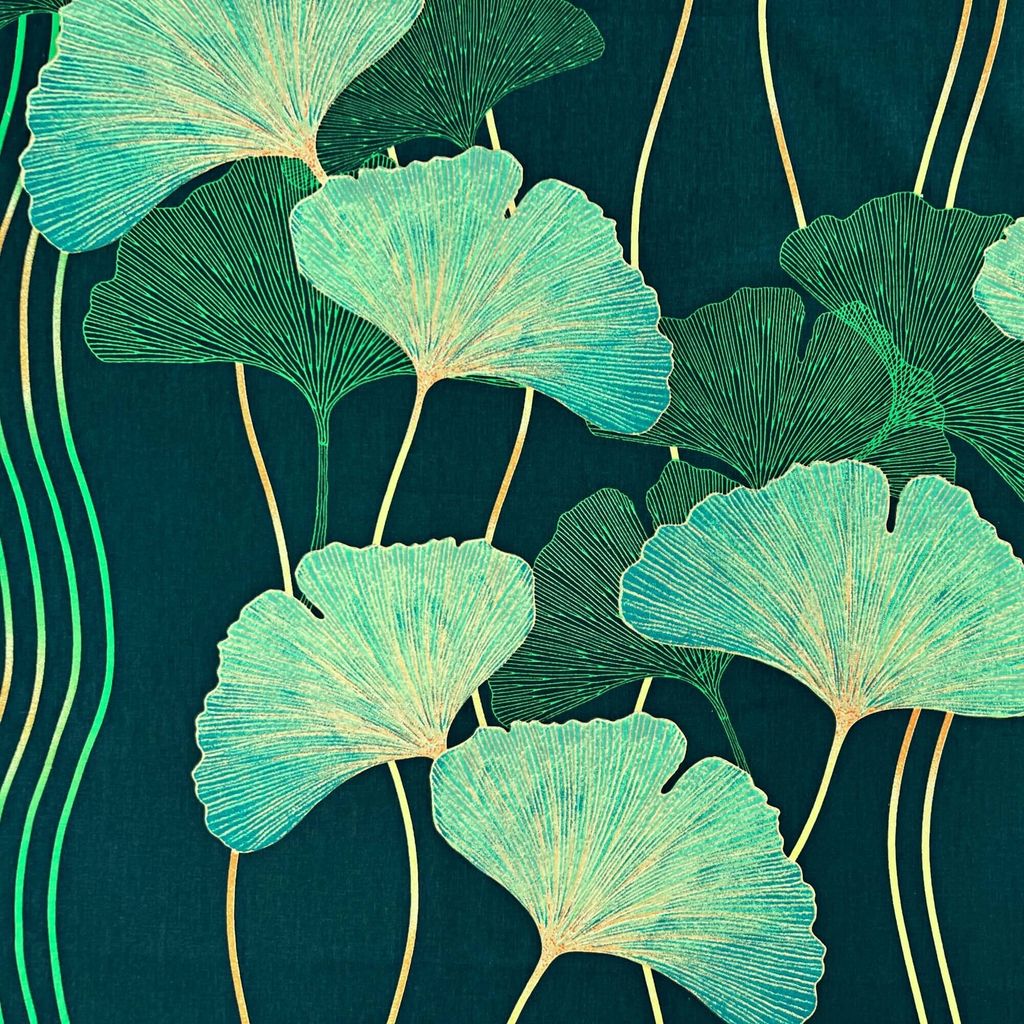 Baumwolle 100% Ginkgo-Blätter grün auf dunkelgrünem Produktbild 