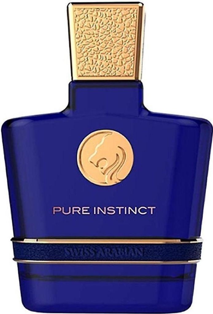 A product shot of a blue perfume bottle with gold accents.