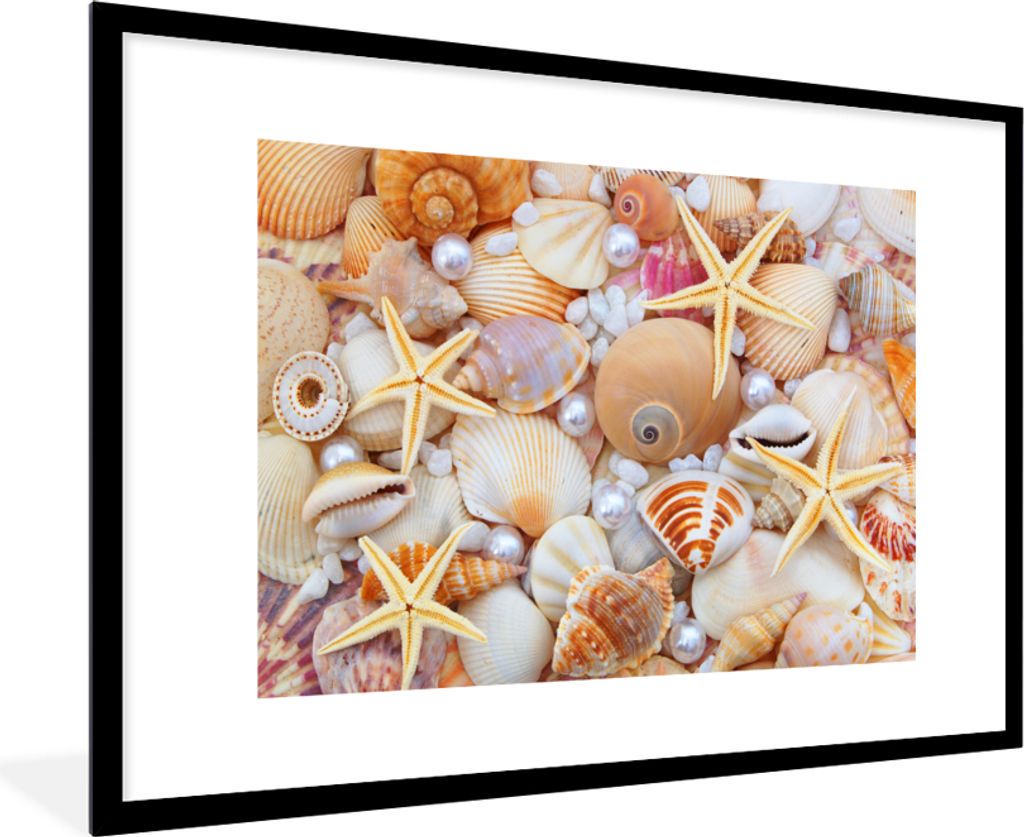 MuchoWow Gerahmtes Poster Muscheln - Perlen - Seesterne - Strand 90x60 cm - Poster mit Schwarzem Bilderrahmen Wandposter Rahmen Foto Bilder - Wan...