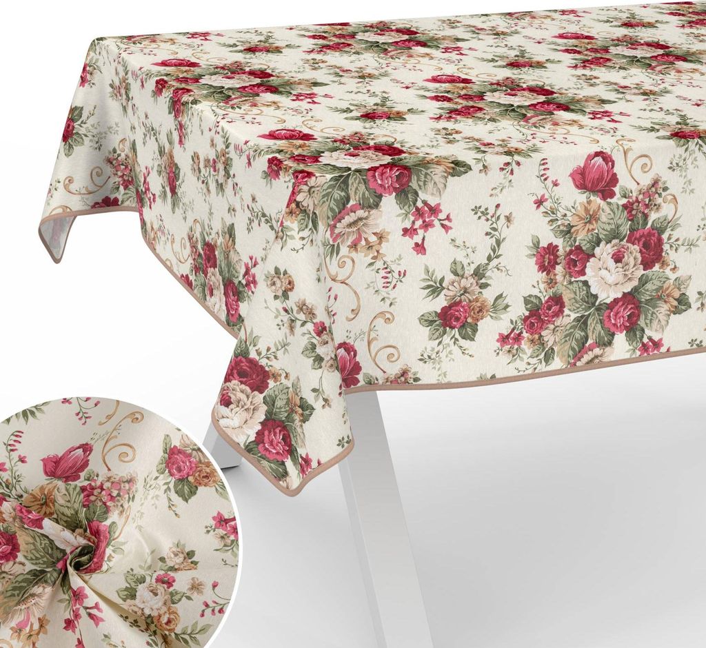 Tischdecke Blumenstrauß mit Blumen Botanik aus Stoff Tischwäsche mit Beschichtung Tischtuch Barock Beige Breite 140cm Länge 140cm mit Paspelband