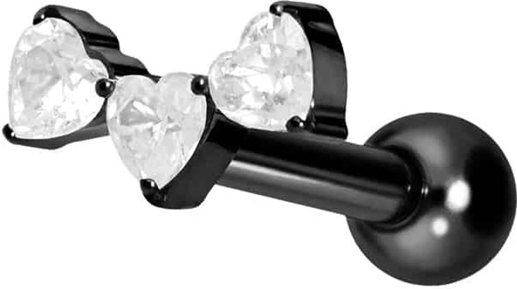 Ohrpiercing Titan Ohrpiercing mit Innengewinde 3 KRISTALLHERZEN Schwarz Stablänge: 8mm
