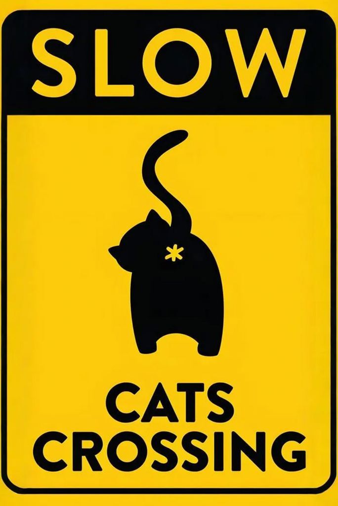 Schild „Slow Cats Crossing“, schwarzes Kätzchen-Arsch-Kreuz, Warnschild für Zuhause, Büro, rustikales Bauernhaus, Wandschild, Dekoration, Or...