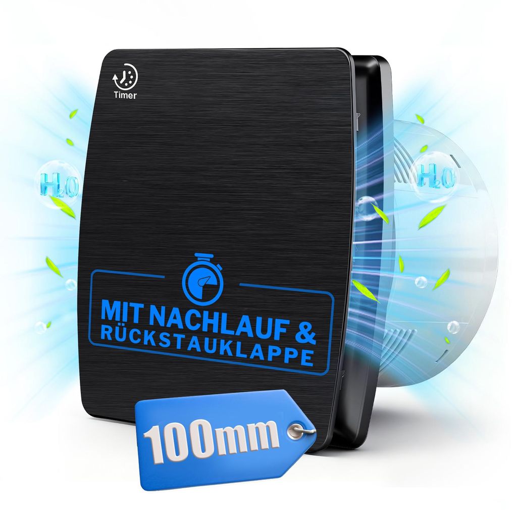 Badlüfter mit Nachlauf 95m³/h – Leise 34dB, Timer, Produktbild 