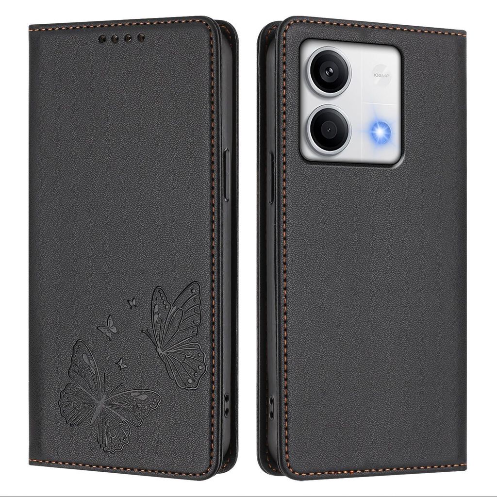 Lederhülle für Xiaomi Redmi Note 13 5G, Schmetterling Prägung Leder Brieftasche Schutzhülle mit Ständer Schwarz