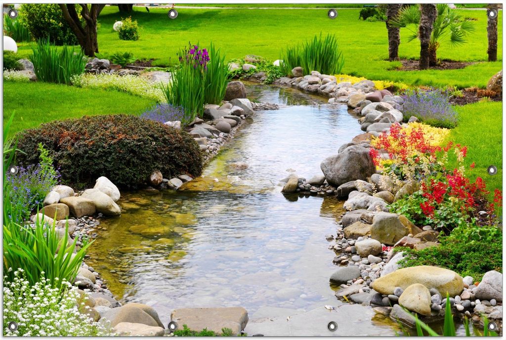 Wallario Outdoor-Poster für Garten oder Balkon, Motiv Blumen am Teich, in ca. 100 x 150 cm