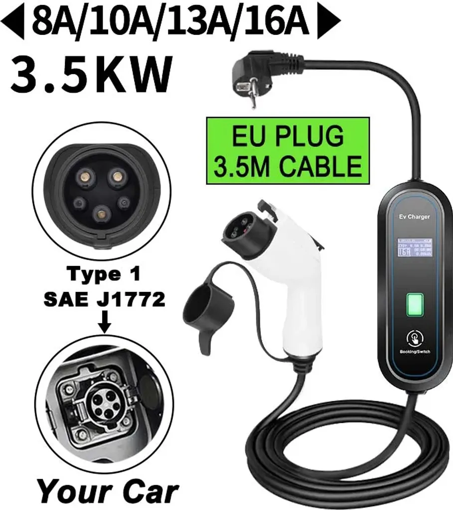 Chargeur EV portable 3.5 kW à courant réglable et câble type 1 noir