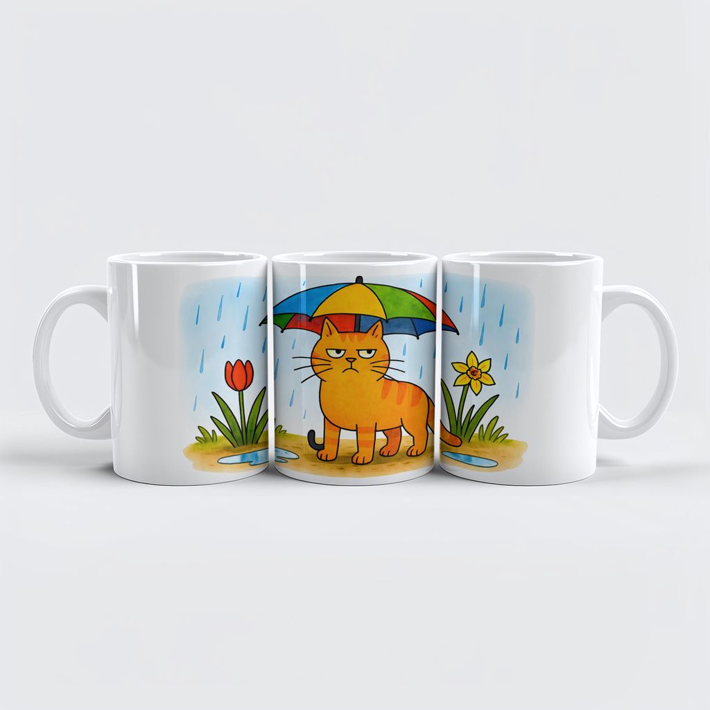 raxxa Premium-Tasse "Cute Cartoon Cat Standing Under Colorful Umbrella"