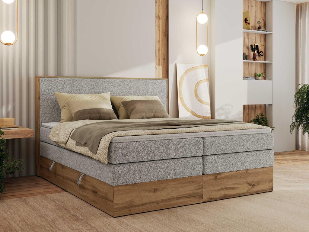 MKS MEBLE Boxspringbett WOOD CLASSIC KING, Doppelbett mit zwei Multipocket-Matratze und Topper T25, hohe Kopfteil, Stauraum - 200 x 200 cm - H4 - H...