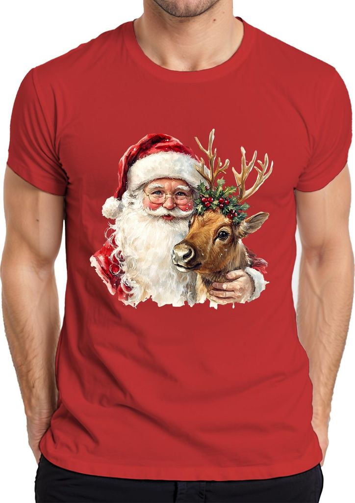 Weihnachtsmann Rentier Aquarell Weihnachten Geschenk Vintage Herren T-Shirt, Rot, 3XL