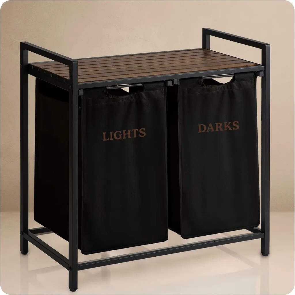 Panier à linge 2 compartiments 80L Massido châssis robuste design noir - 6