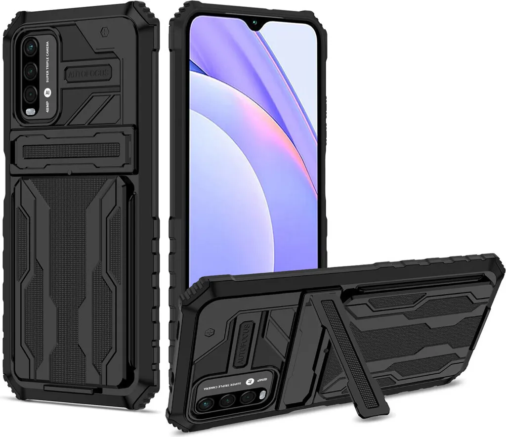 Xiaomi Poco M3 Custodia Robusta Nera Porta Carte e Supporto Video