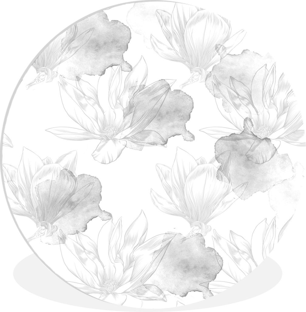 MuchoWow Rundes Wandbild - Runde Bilder Frühling Illustration Magnolienblüten - schwarz und weiß Ø 30 cm Kreis Wanddekoration Kunststoff - Wa...