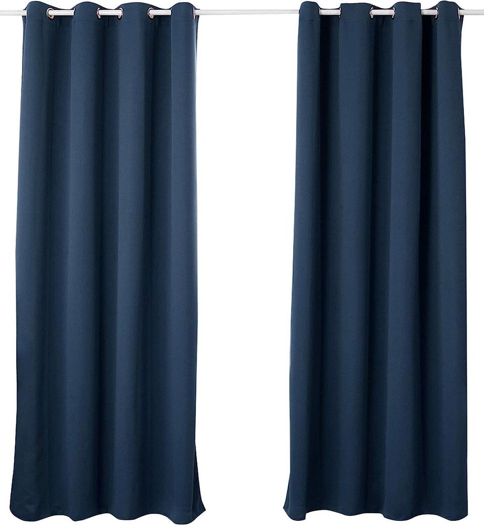 Two dark blue curtains hanging from a white rod against a white background.