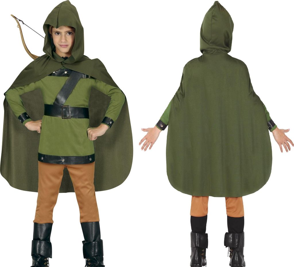 A child modeling a Robin Hood costume, shown from the front and back.