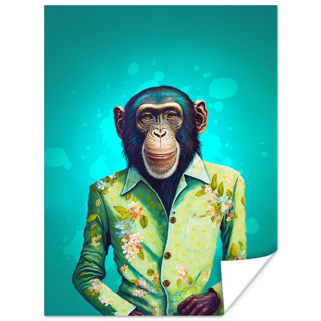 MuchoWow Poster Affe - Bluse - Blumen - Grün - Porträt 120x160 cm - Wandbilder
