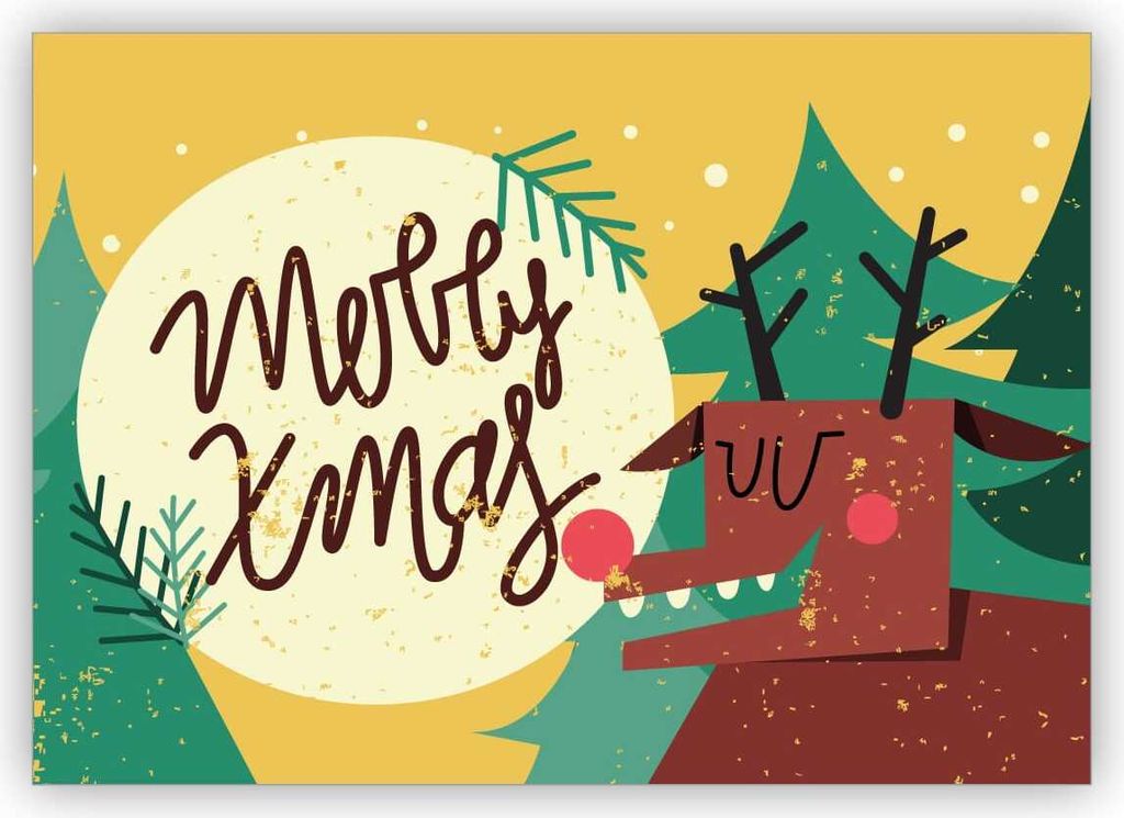 4x Lustige Retro Weihnachtskarte mit Hirsch: Merry Xmas