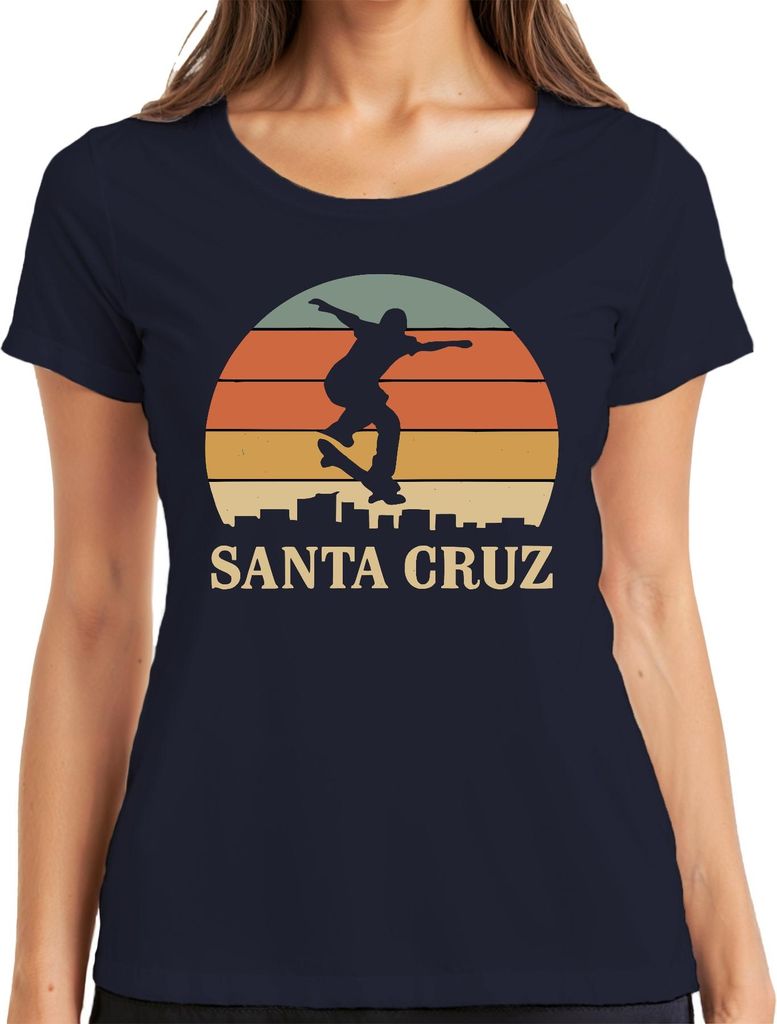 Santa Cruz Skateboard Skater Retro Sonnenuntergang Vintage Strand Damen T-Shirt, Navy, L