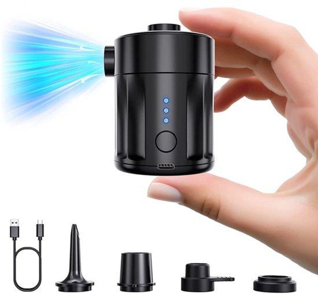 Elektrische luchtpomp, oplaadbare batterijpomp, 2-in-1, mini-vacuümpomp, 4 luchtmondstukken, opbergtas, voor luchtbedden en zwembaden, zwart, draa...
