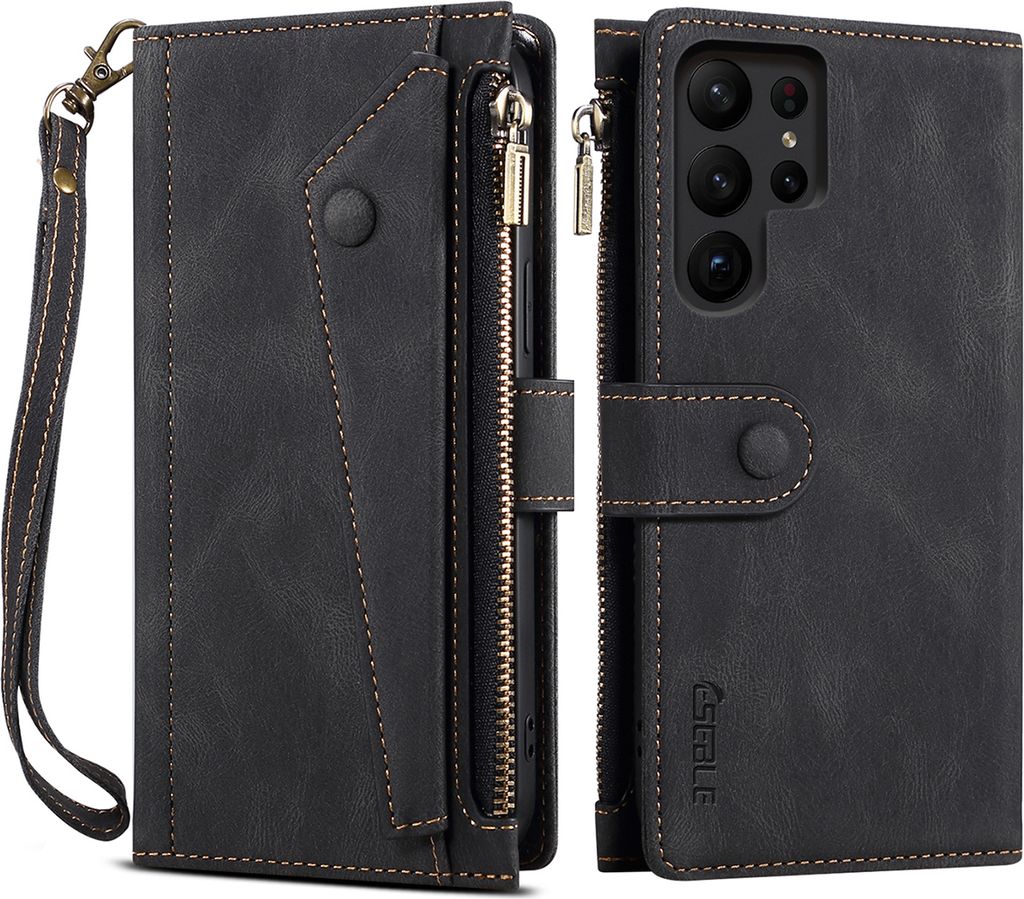 Schutzhülle für Samsung Galaxy S23 Ultra Reißverschluss Hülle, Leder Klapphülle Kartenfach Standfunktion Brieftasche mit Trageband Schwarz