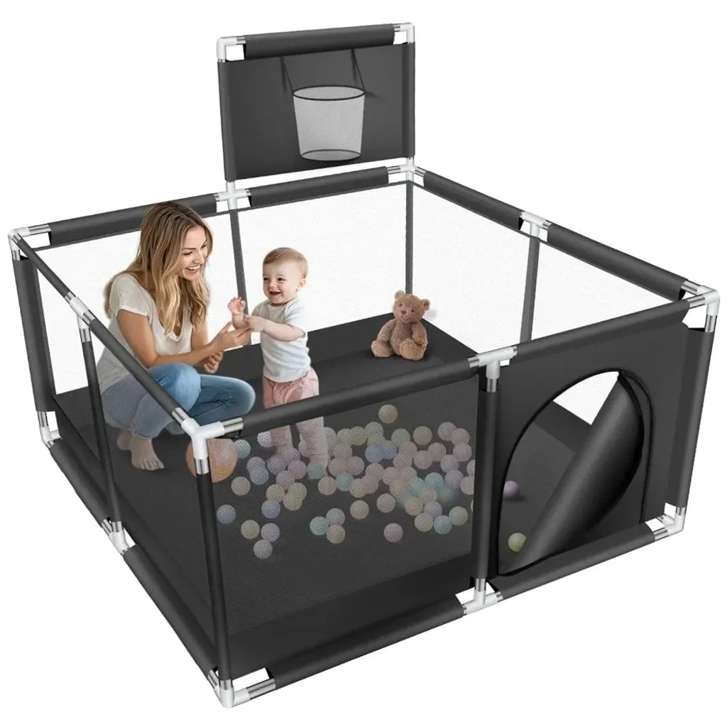 Aire de jeux XL noire en maille respirante pour bébé | Sécurisée