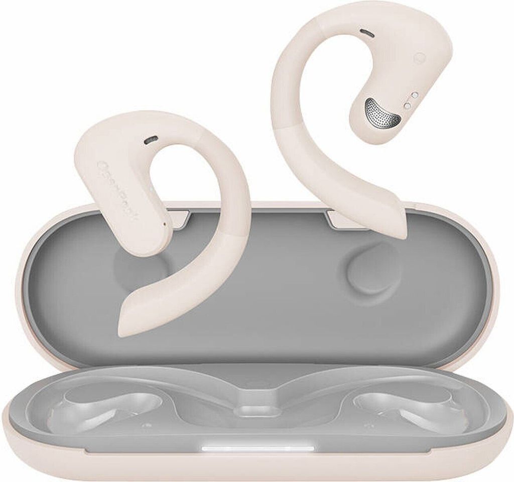 A pair of white wireless earbuds with ear hooks are placed inside their open charging case, which is also white and gray.