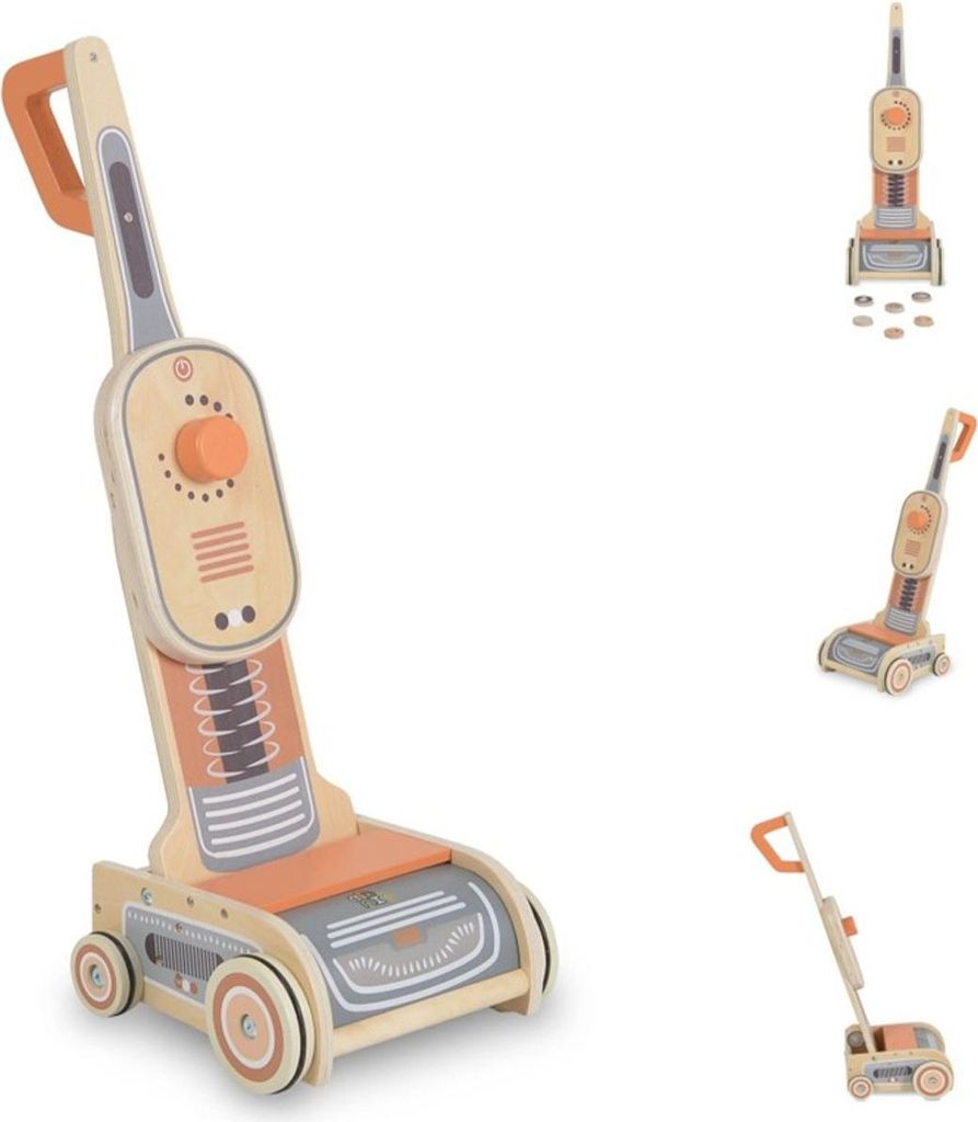 Moni Kinder-Spielzeug Staubsauger W10D888 Holz, Spiel-Schmutz, Räder, ab 3 Jahre orange