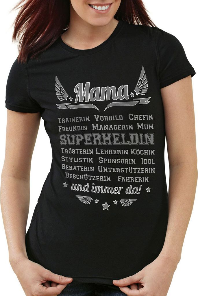 style3 Mama Trainerin Vorbild Superheldin Damen T-Shirt Muttertag Geschenk Mum Mutter, Farbe:Schwarz, Größe:2XL