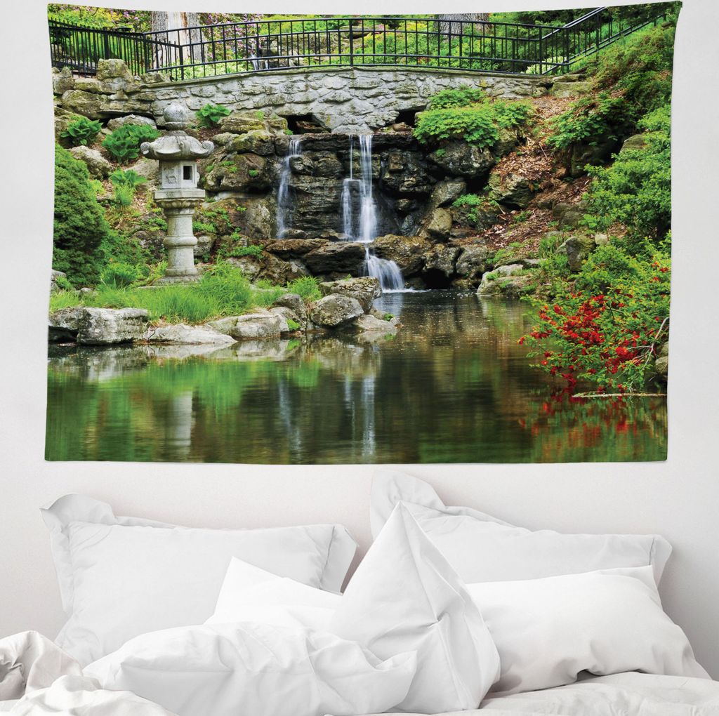 ABAKUHAUS Natur Wandteppich, Wasserfall Garten aus Weiches Mikrofaser Stoff Waschbar ohne Verblassen Digitaldruck, 150 x 110 cm, Grün Weiß