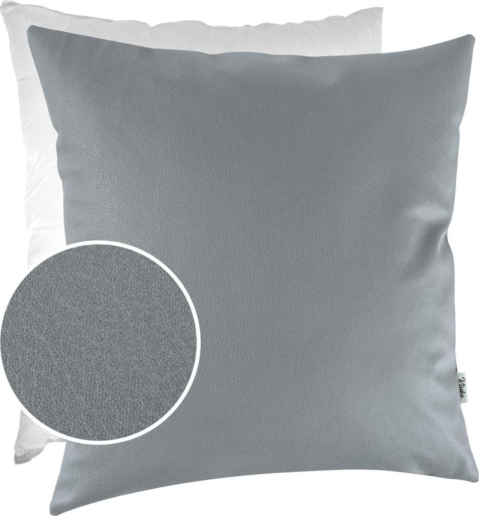 Dekokissen mit Füllung KUMO 40x40cm atmungsaktive Kunstleder Kissenbezug mit Reißverschluss Einfarbig Leder-Optik UNI Hellgrau