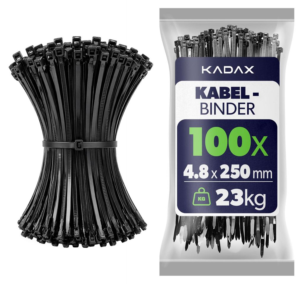 KADAX Kabelbinder 250mm x 4.8mm Schwarz - 100er Set, Nylon Kabel Binder mit 22kg Zugkraft für sicheres Kabelmanagement im Haushalt, Garten, Werkst...