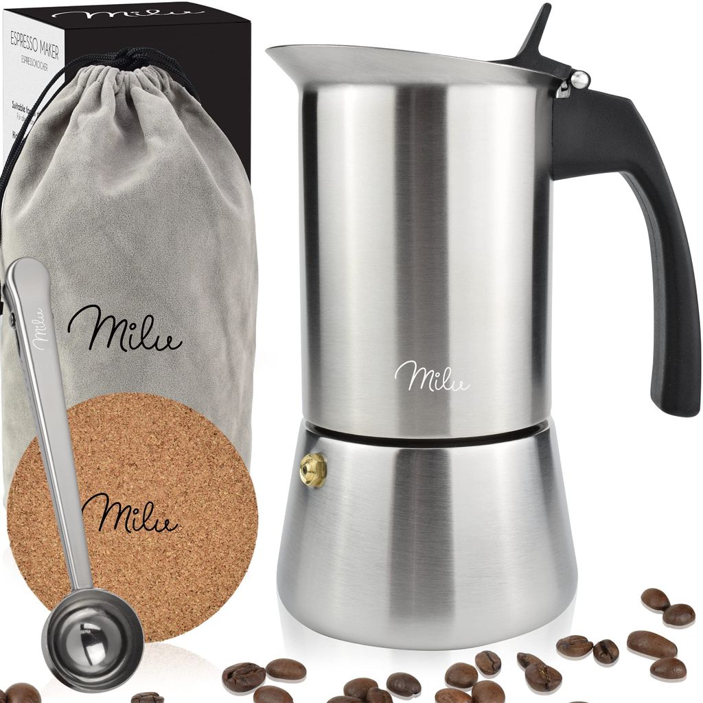 Milu Espressokocher Induktion geeignet | 9 Tassen | Edelstahl Mokkakanne, Espressokanne, Espresso Maker Set inkl. Untersetzer, Löffel, Bürste, 450ml
