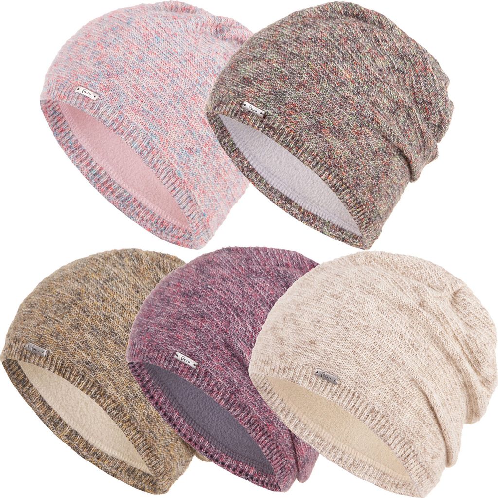 Faera Wintermütze meliert warm gefüttert Fleece-Futter Winter Mütze Strick-Mütze Beanie-Mütze Damen One-Size 08, Farbe:Braun